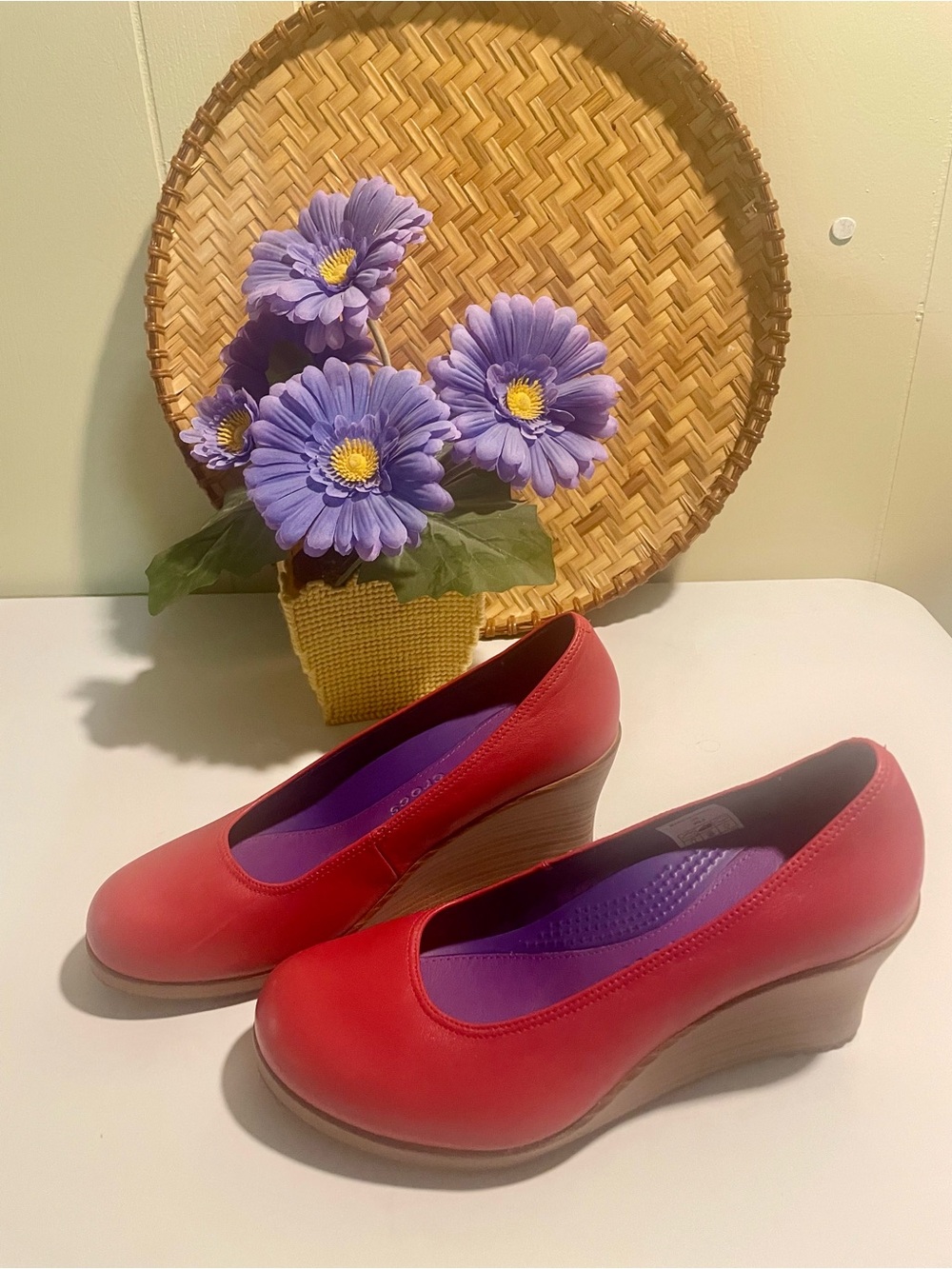Crocs Red Leather Wedge Pumps